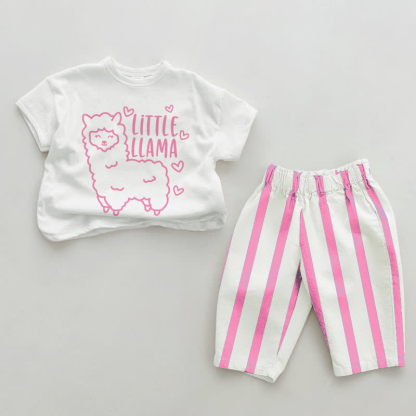 LITTLE LLAMAベビーハート ピンク 縦ストライプ 2点セット - ホワイト＆ピンク - 2～3歳 - image 1