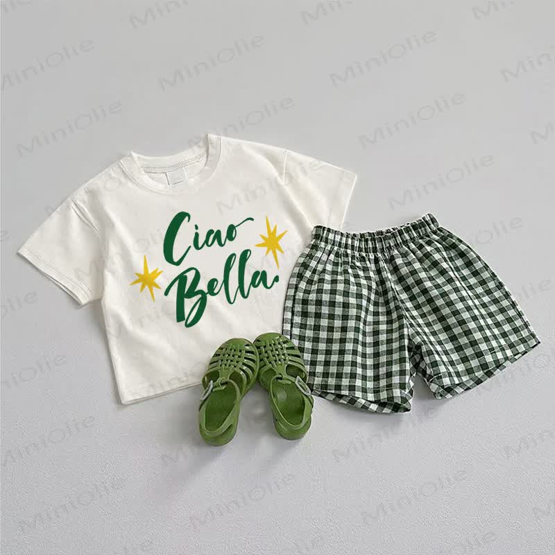 CIAO BELLAベビーTシャツとチェック柄ショートパンツの2点セット - ホワイト＆グリーン - 3～5歳 - image 1