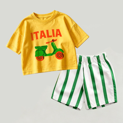 ITALIAベビー イエロー＆グリーン トップスとストライプ ショートパンツ 2点セット - 黄色と緑 - 2～3歳 - image 1