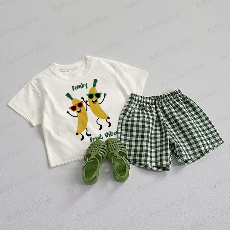 FUNKY FRUIT VIBESベビーTシャツ＆チェック柄ショートパンツ 2点セット - ホワイト＆グリーン - 3～5歳 - image 1