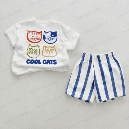 COOL CATSベビーブルー 縦ストライプ ツーピース ショートパンツセット - ホワイト＆ブルー - 2～3歳 - image 1