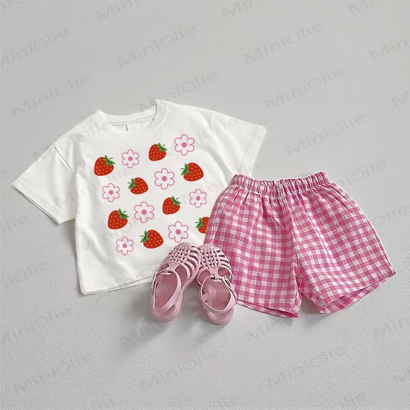 ベビー用イチゴ柄Tシャツとチェック柄ショートパンツの2点セット - ホワイト＆ピンク - 3～5歳 - image 1