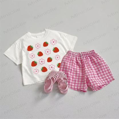 ベビー用イチゴ柄Tシャツとチェック柄ショートパンツの2点セット - ホワイト＆ピンク - 3～5歳 - image 1