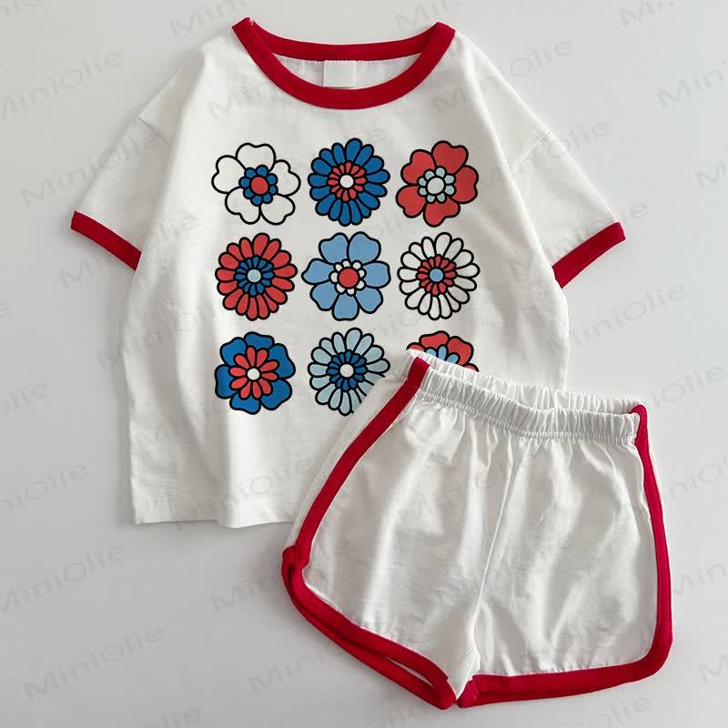 ベビーフラワーTシャツ＆ショートパンツ2点セット - 白と赤 - 3～5歳 - image 1