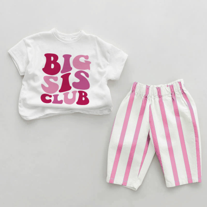 BIG SIS CLUBベビーガール スローガン入り ピンク 縦ストライプ 2点セット - ホワイト＆ピンク - 2～3歳 - image 1