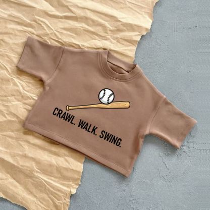 ハイハイ。歩く。ブランコに乗る。ベビー野球サマーカジュアルTシャツ - 茶色 - 2～3歳 - image 5