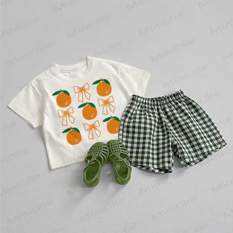 ベビーオレンジのリボン付きTシャツとショートパンツの2点セット - ホワイト＆グリーン - 3～5歳 - image 1
