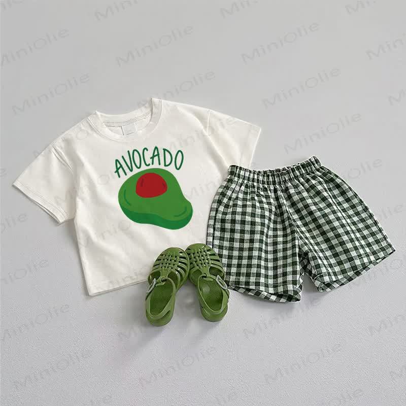 AVOCADOベビーTシャツとチェック柄ショートパンツの2点セット - ホワイト＆グリーン - 3～5歳 - image 1