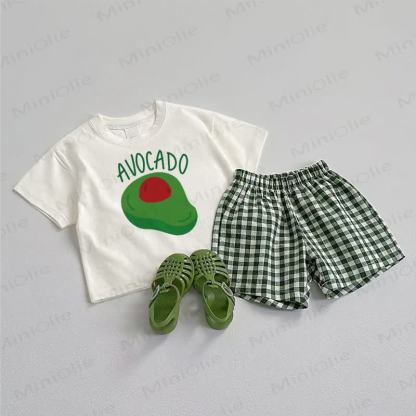 AVOCADOベビーTシャツとチェック柄ショートパンツの2点セット - ホワイト＆グリーン - 3～5歳 - image 1