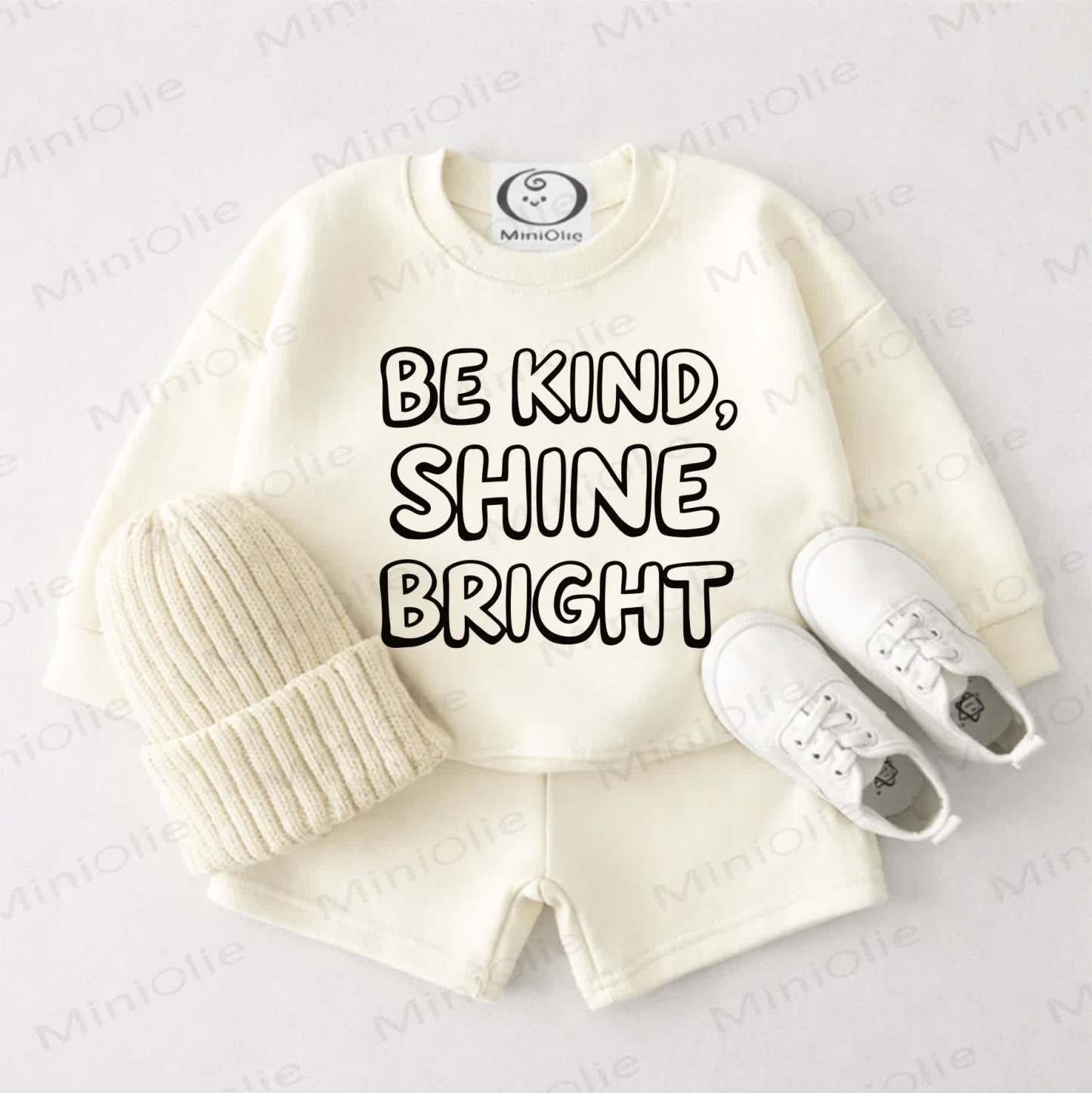 BE KIND SHINE BRIGHTベビークリームホワイトスウェットシャツ＆ショートパンツ2点セット - クリームホワイト - 3～4歳 - image 1