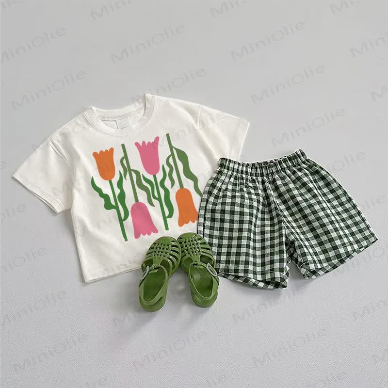 ベビーチューリップTシャツ＆ショートパンツ2点セット - ホワイト＆グリーン - 3～5歳 - image 1