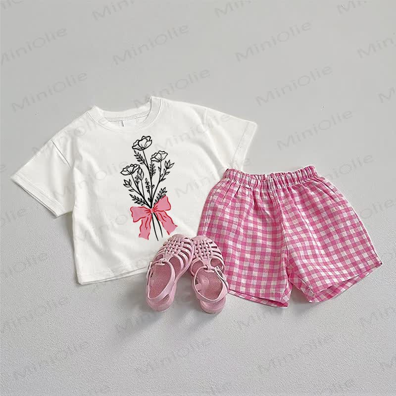 ベビー用花柄Tシャツとチェック柄ショートパンツの2点セット - ホワイト＆ピンク - 3～5歳 - image 1