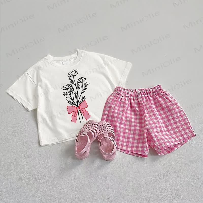 ベビー用花柄Tシャツとチェック柄ショートパンツの2点セット - ホワイト＆ピンク - 3～5歳 - image 1