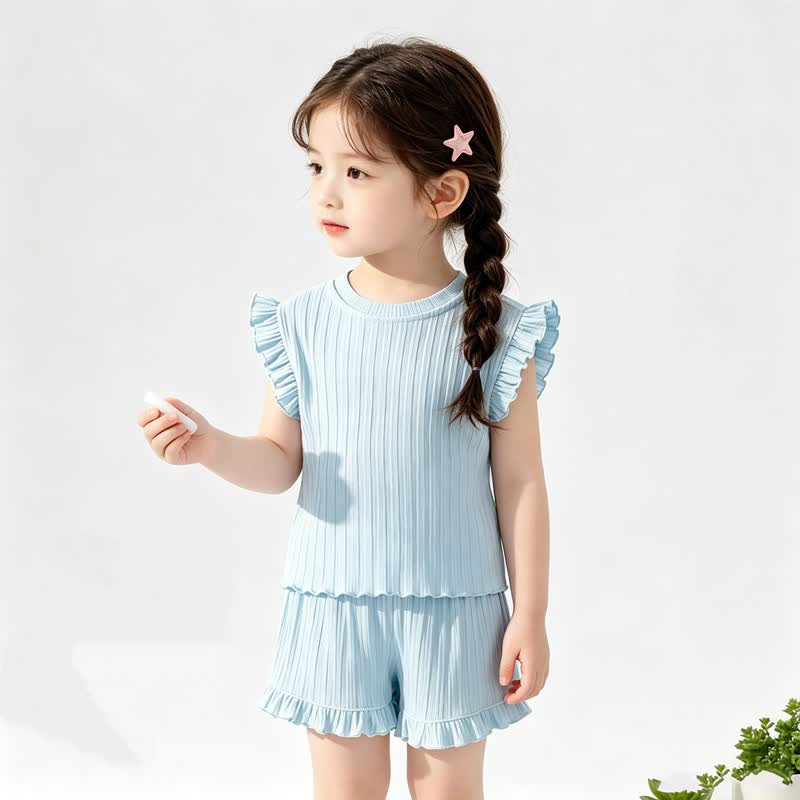 幼児用女の子向け無地リブ編みトップス＆ショートパンツ ノースリーブ ツーピースセット - 青 - 8-9T - image 5