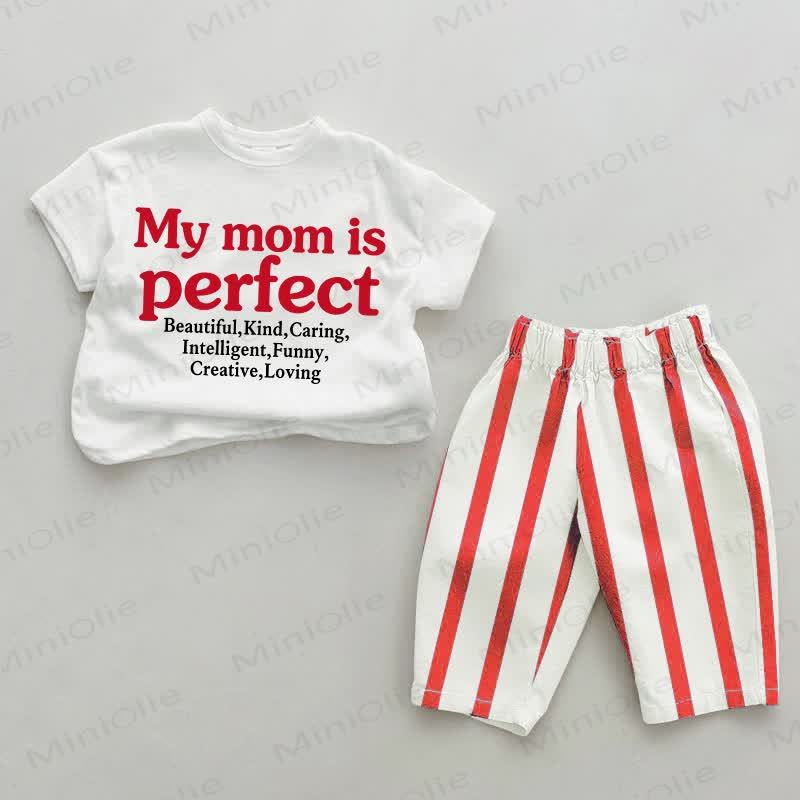 「MY MOM IS PERFECT」ベビー用スローガン入り赤ストライプ柄ツーピースセット - 白と赤 - 2～3歳 - image 1