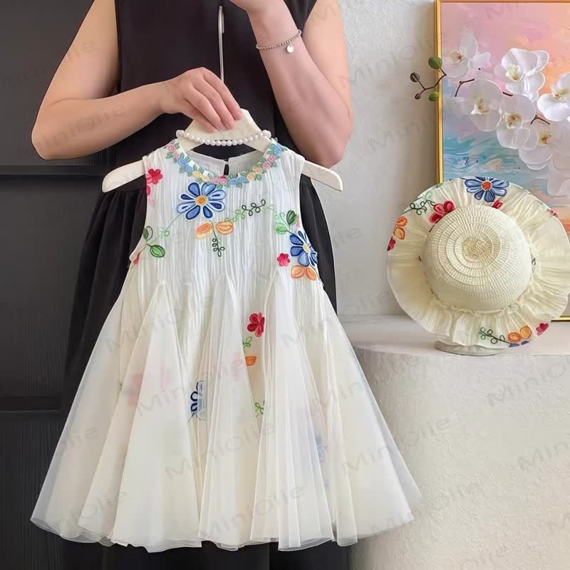 幼児用女の子用フラワーメッシュノースリーブDress - image 4