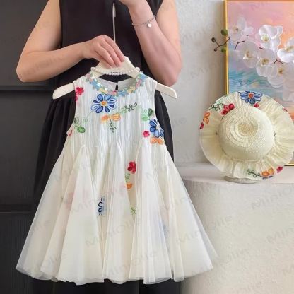 幼児用女の子用フラワーメッシュノースリーブDress - image 4