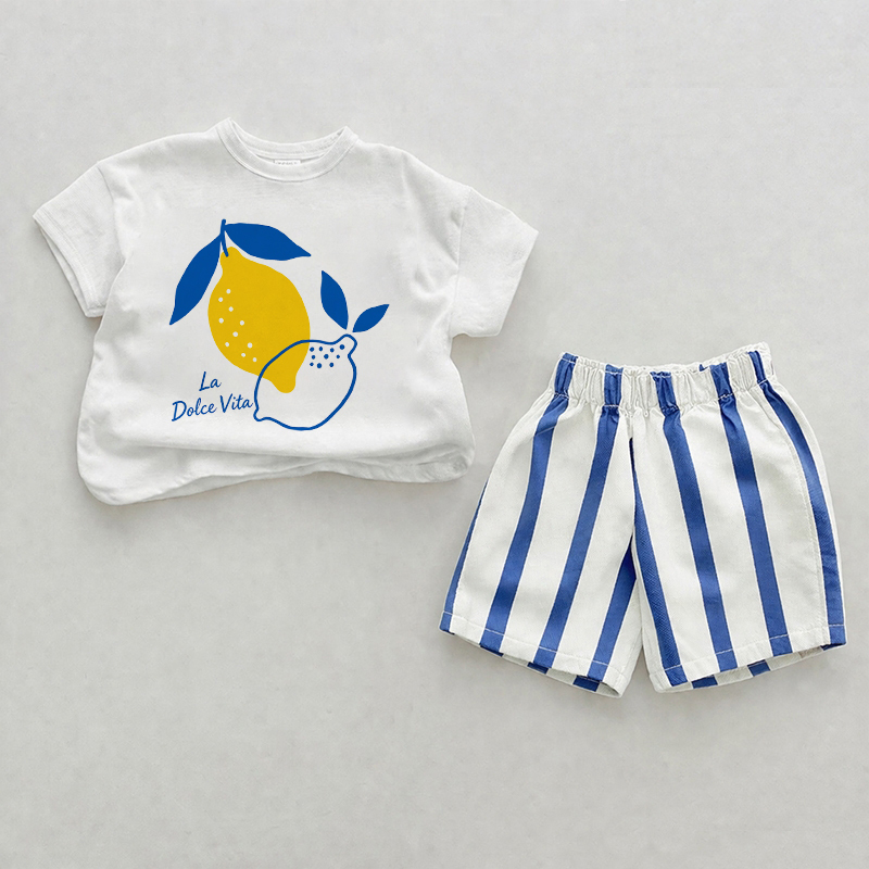 LA DOLCE VITAベビーレモンブルー縦ストライプ2ピースショーツセット - ホワイト＆ブルー - 2～3歳 - image 1
