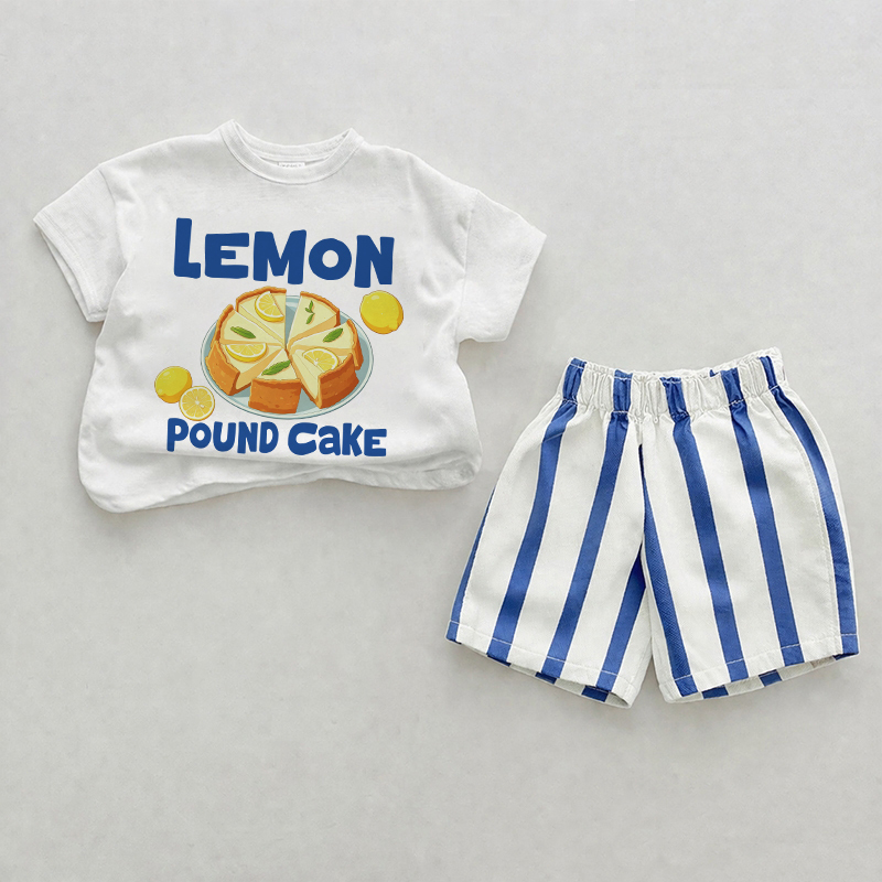 LEMON POUND CAKEベビーブルー 縦ストライプ ツーピース ショートパンツセット - ホワイト＆ブルー - 2～3歳 - image 1
