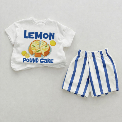 LEMON POUND CAKEベビーブルー 縦ストライプ ツーピース ショートパンツセット - ホワイト＆ブルー - 2～3歳 - image 1