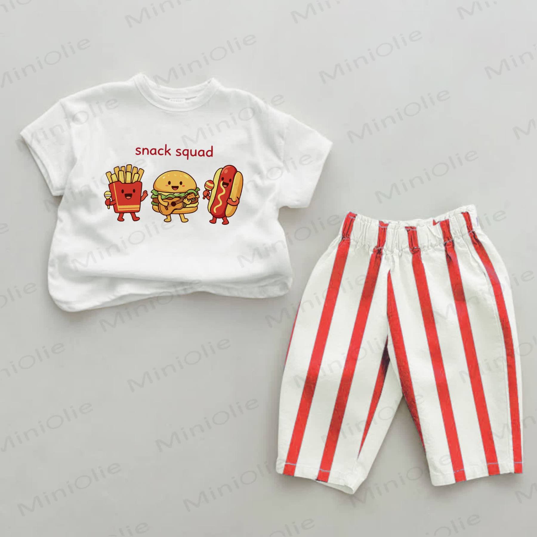 SNACK SQUADベビーフード柄 赤ストライプ 2点セット - 白と赤 - 2～3歳 - image 1