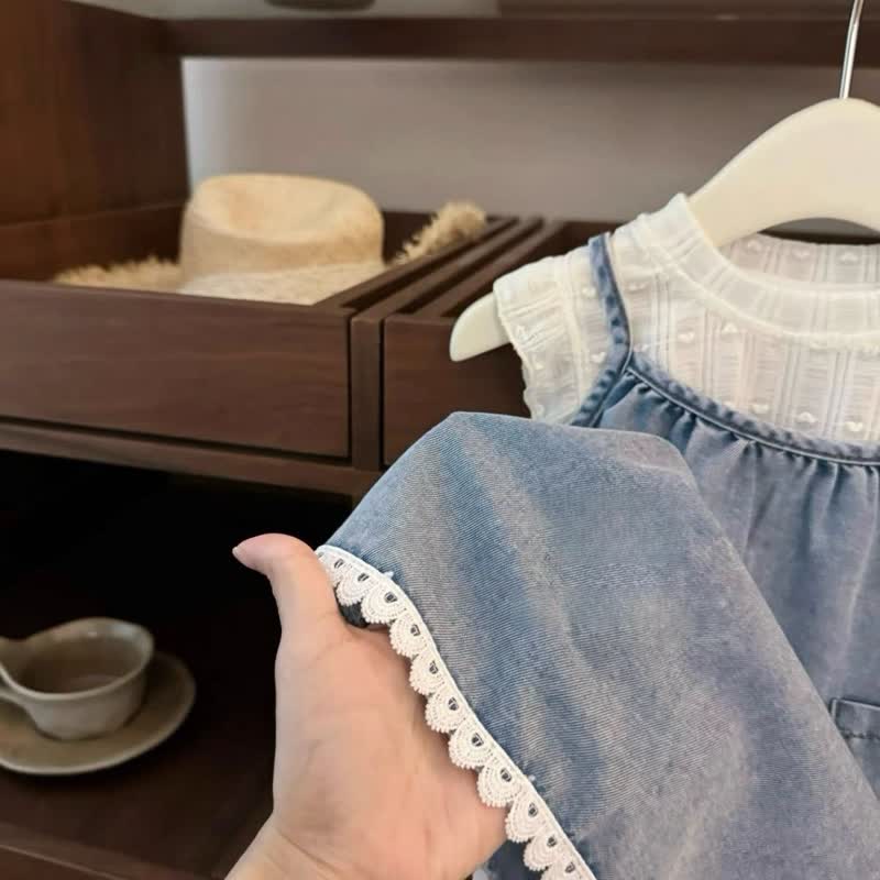 幼児用女の子向けフリル袖TシャツとデニムサスペンダーDressの2点セット - image 5
