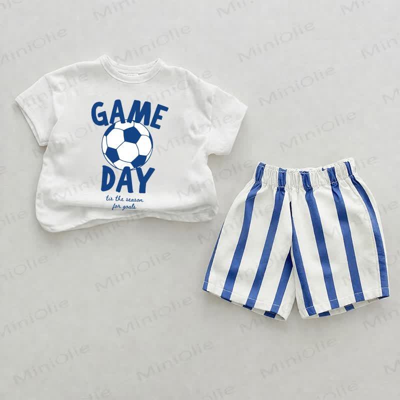 GAME DAYベビーフットボールプリント ブルー縦ストライプ 2点セット - ホワイト＆ブルー - 2～3歳 - image 1