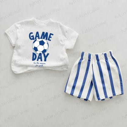 GAME DAYベビーフットボールプリント ブルー縦ストライプ 2点セット - ホワイト＆ブルー - 2～3歳 - image 1