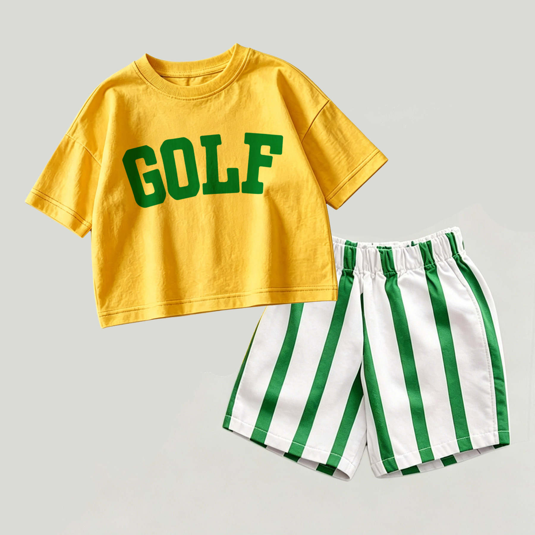 GOLFベビー イエロー＆グリーン トップスとストライプ ショートパンツ 2点セット - 黄色と緑 - 2～3歳 - image 1
