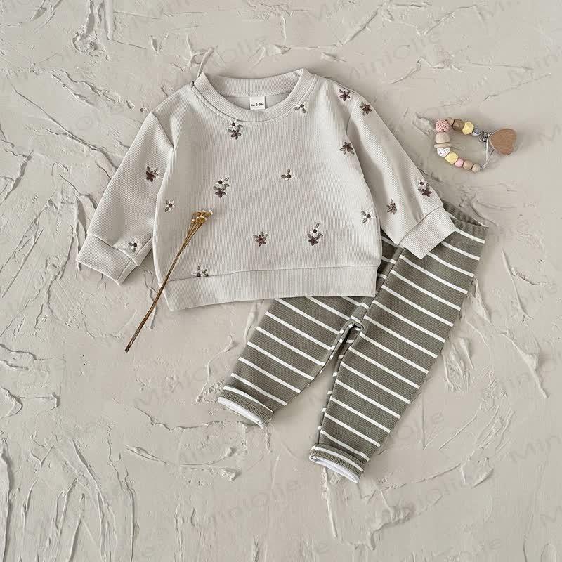 女の子用刺繍フラワーストライプニット2ピースセット - image 4