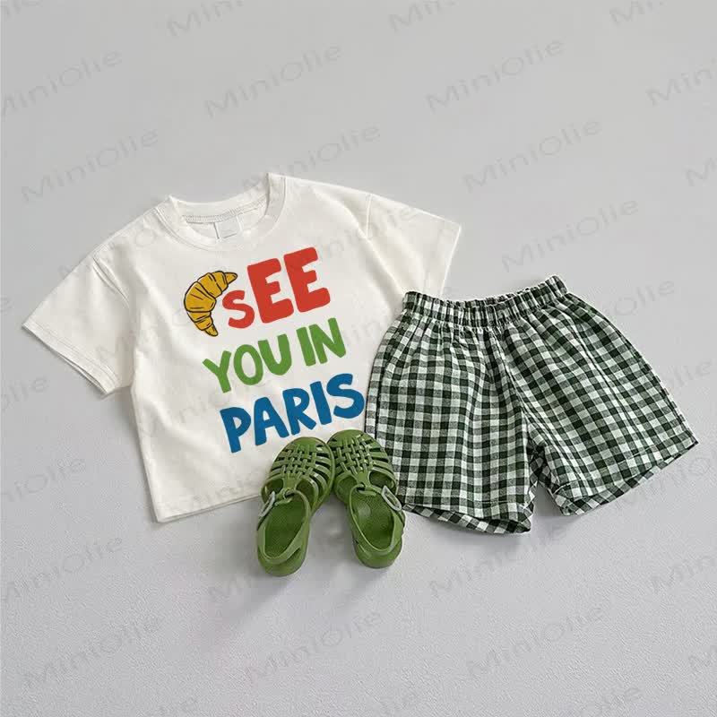 SEE YOU IN PARISベビーTシャツとチェック柄ショートパンツの2点セット - ホワイト＆グリーン - 3～5歳 - image 1