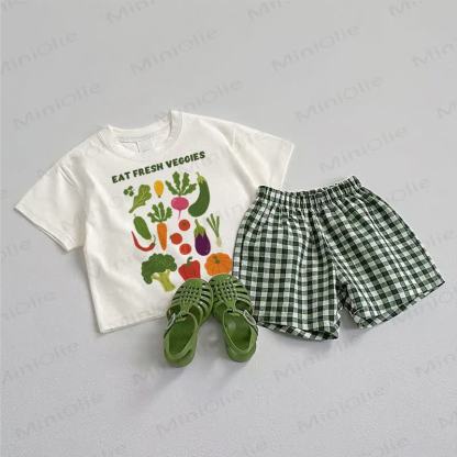 EAT FRESH VEGGIES！ベビーTシャツとチェック柄ショートパンツの2点セット - ホワイト＆グリーン - 3～5歳 - image 1