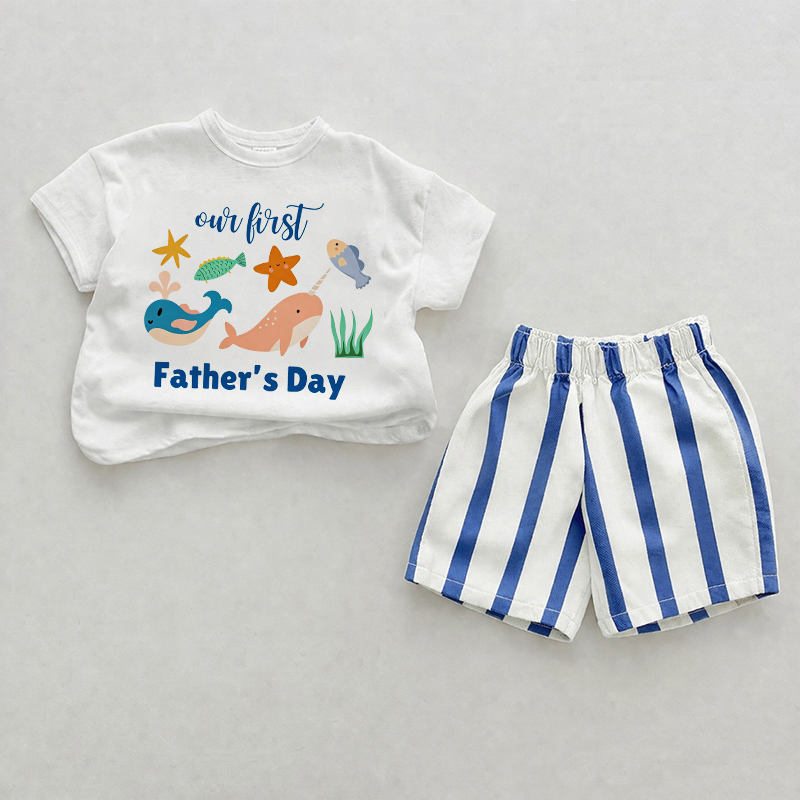 OUR FIRST FATHER'S DAYベビーオーシャンアニマルプリント ブルー縦ストライプ ツーピースショーツセット - ホワイト＆ブルー - 2～3歳 - image 1