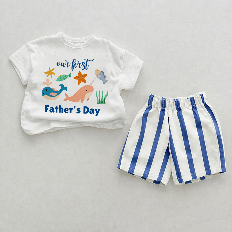 OUR FIRST FATHER'S DAYベビーオーシャンアニマルプリント ブルー縦ストライプ ツーピースショーツセット - ホワイト＆ブルー - 2～3歳 - image 1