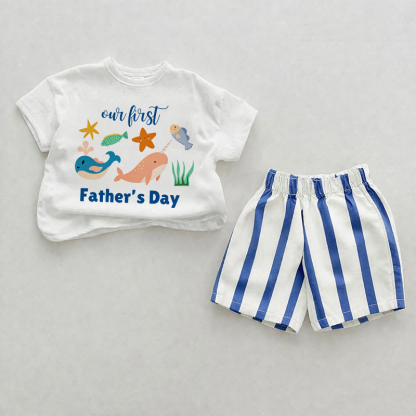 OUR FIRST FATHER'S DAYベビーオーシャンアニマルプリント ブルー縦ストライプ ツーピースショーツセット - ホワイト＆ブルー - 2～3歳 - image 1