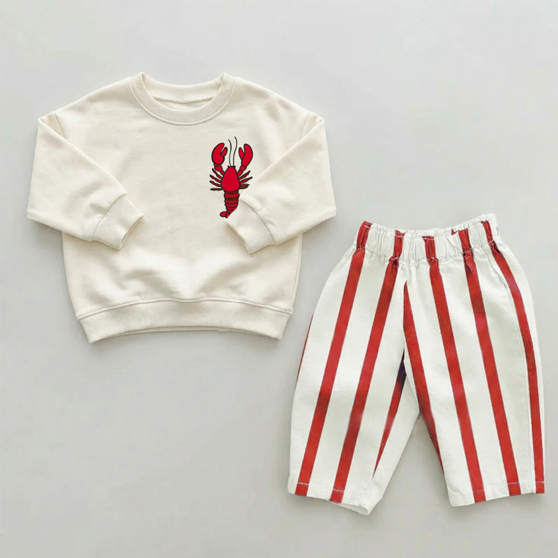 ベビー幼児用ロブスター柄赤ストライプパンツ2点セット - ベージュ＆レッド - 2～3歳 - image 1