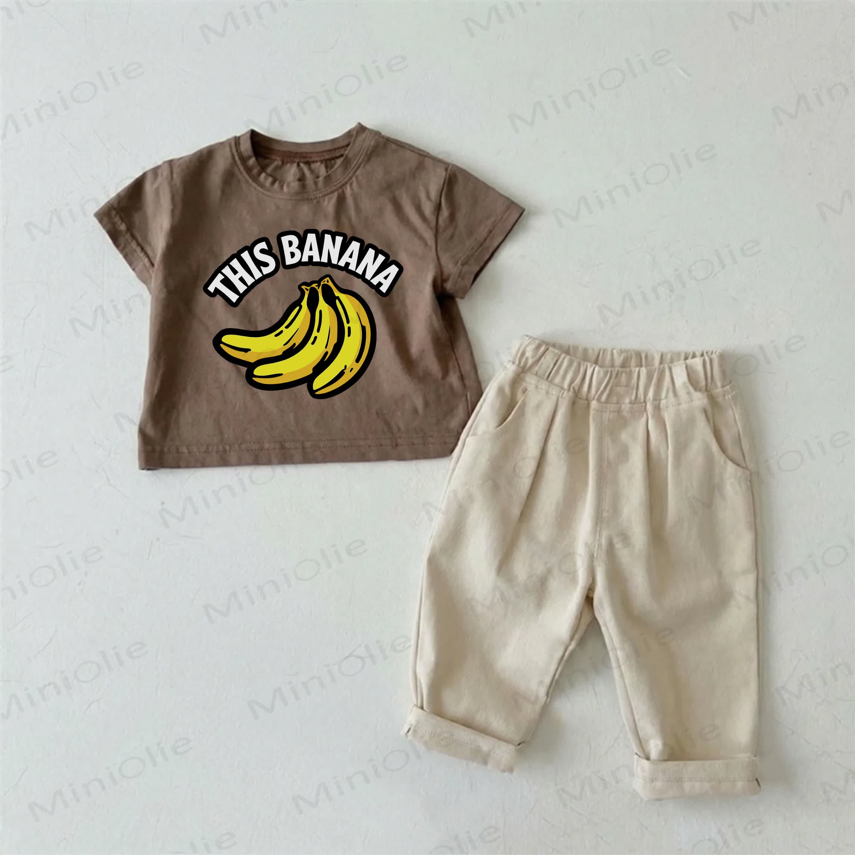 THIS BANANAベビーブラウンTシャツとベージュパンツのツーピースセット - 茶色 - 2～3歳 - image 1