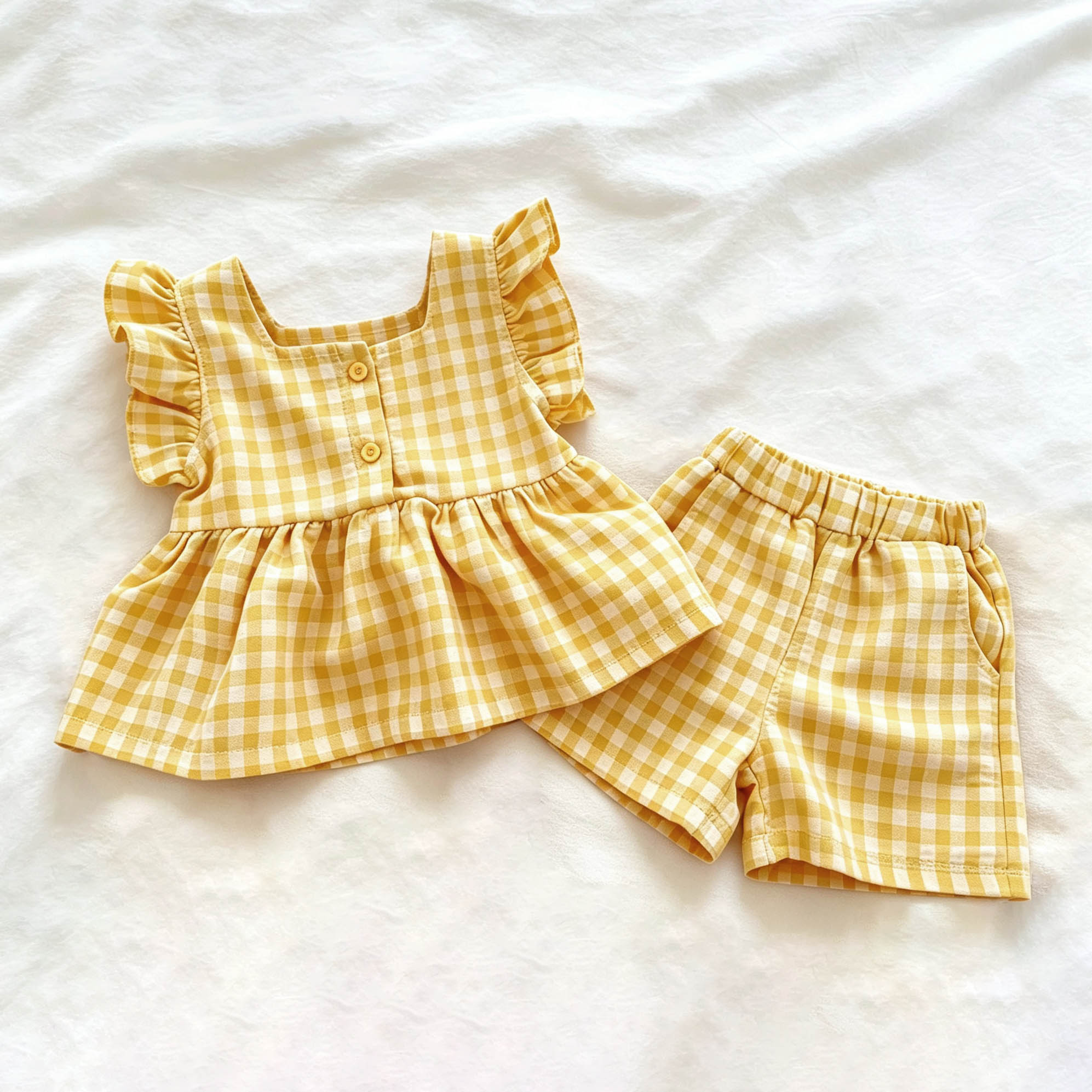 幼児用イエローガールズチェック柄トップス＆ショートパンツセット - 黄色 - 3～4歳 - image 1