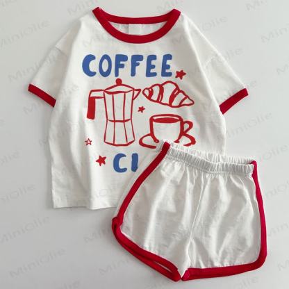 COFFE CLUBベビーTシャツ＆ショートパンツ 2点セット - 白と赤 - 3～5歳 - image 1