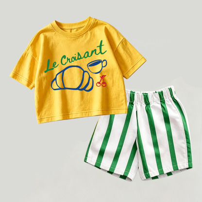 LE CROISSANTベビー用イエロー＆グリーンのトップスとストライプのショートパンツのツーピースセット - 黄色と緑 - 2～3歳 - image 1