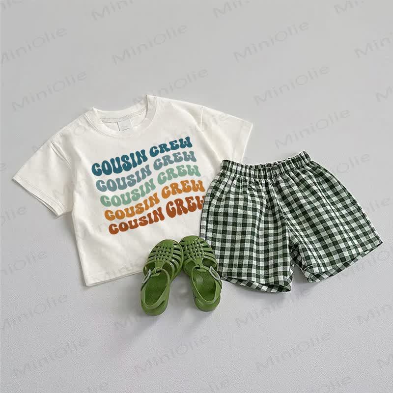 COUSIN CREWベビーTシャツとチェック柄ショートパンツの2点セット - ホワイト＆グリーン - 3～5歳 - image 1