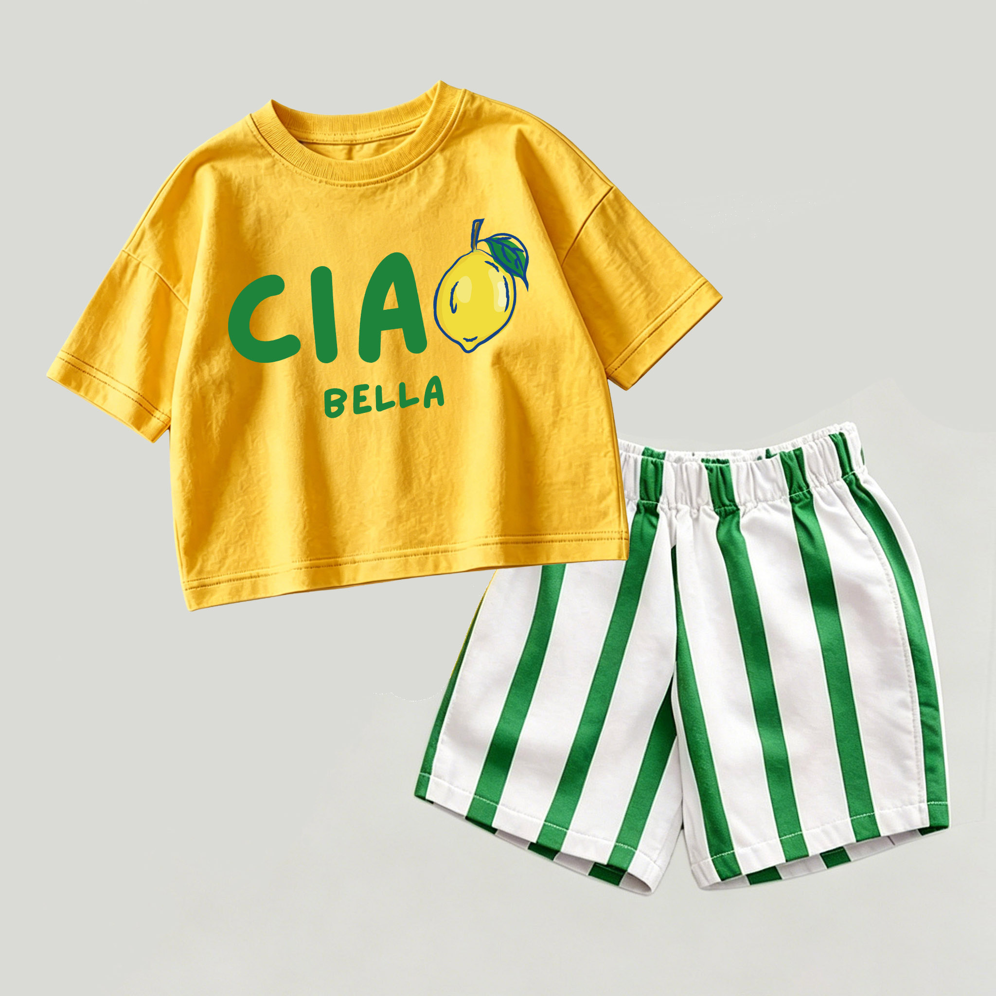 CIAO BELLAベビー用 イエロー＆グリーン トップスとストライプ ショートパンツ 2点セット - 黄色と緑 - 2～3歳 - image 1