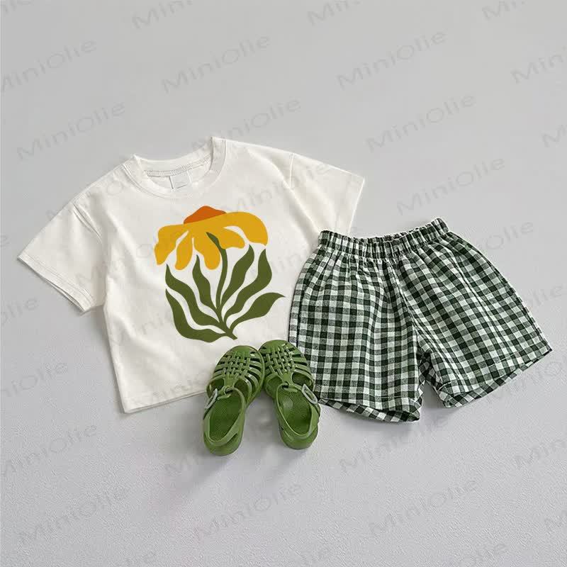 ベビー用花柄Tシャツとチェック柄ショートパンツの2点セット - ホワイト＆グリーン - 3～5歳 - image 1