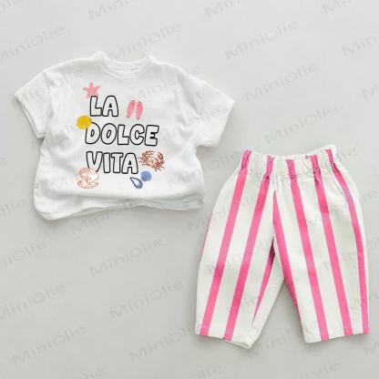 LA DOLCE VITAベビーピンク 縦ストライプ 2点セット - ホワイト＆ピンク - 2～3歳 - image 1