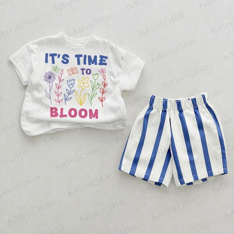 さあ、IT'S TIME TO BLOOM！ベビーフラワープリントストライプ2ピースショーツセット - ホワイト＆ブルー - 2～3歳 - image 1