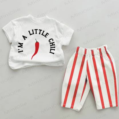 I'M A LITTLE CHILLベビーチルプリント レッドストライプ 2点セット - 白と赤 - 2～3歳 - image 1