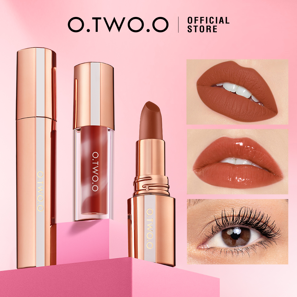 Lip & Eye Makeup Set 3pcs Watery Lip Gloss+ Waterproof Matte Lipstick +Mascara Volumizing Long-lasting-O.TWO.O PH