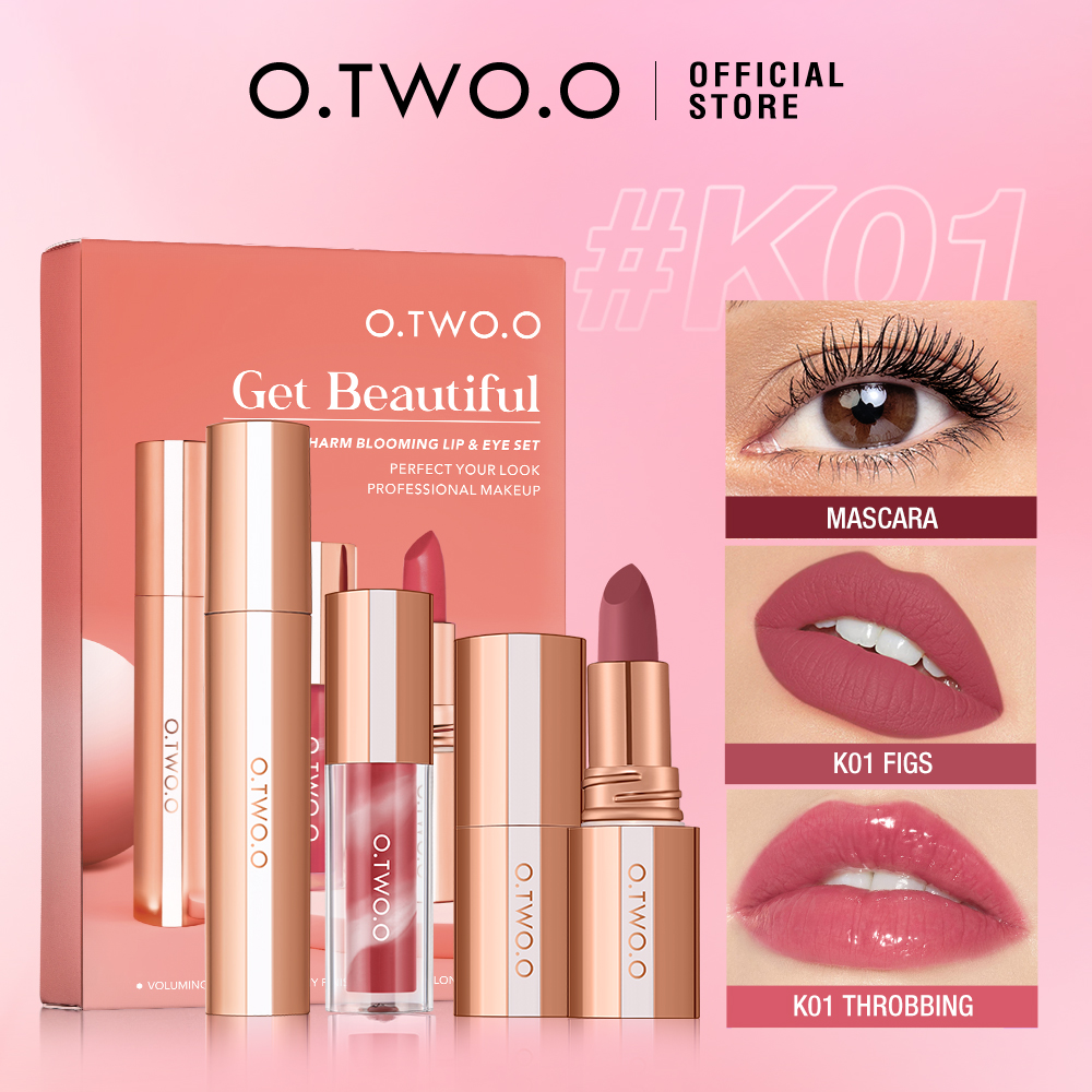 Lip & Eye Makeup Set 3pcs Watery Lip Gloss+ Waterproof Matte Lipstick +Mascara Volumizing Long-lasting-O.TWO.O PH