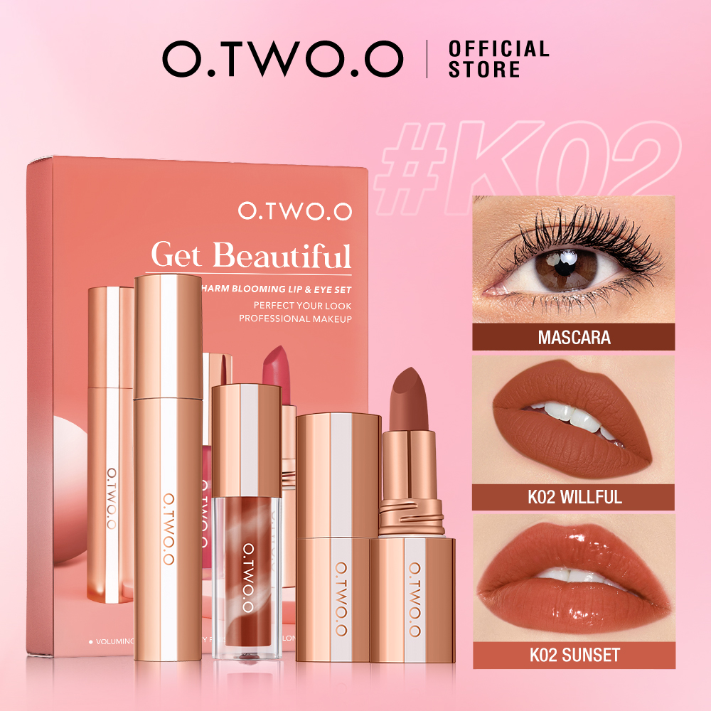 Lip & Eye Makeup Set 3pcs Watery Lip Gloss+ Waterproof Matte Lipstick +Mascara Volumizing Long-lasting-O.TWO.O PH
