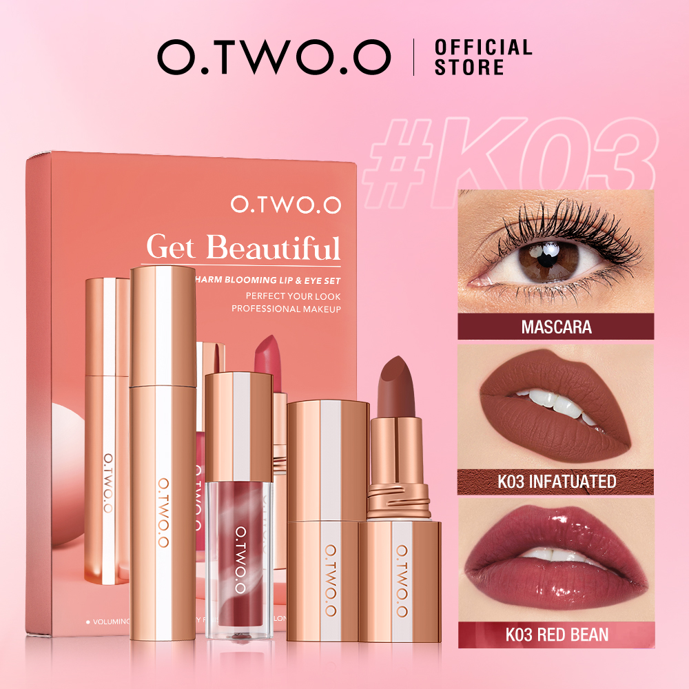 Lip & Eye Makeup Set 3pcs Watery Lip Gloss+ Waterproof Matte Lipstick +Mascara Volumizing Long-lasting-O.TWO.O PH